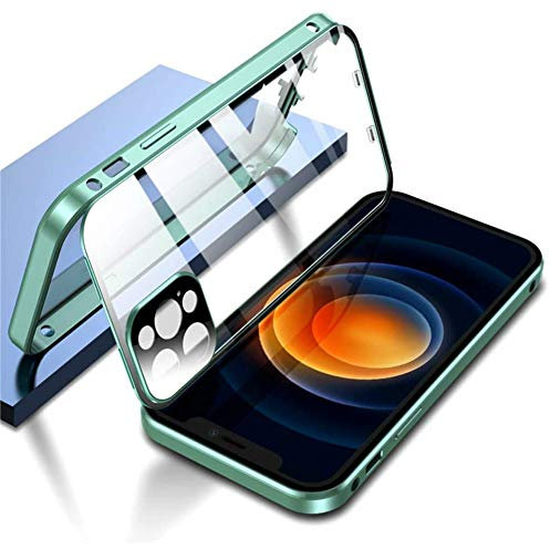 Doppelseitige Schnallenhülle für iPhone 12,Doppelte Sicherheitsverriegelung Stoßfängergehäuse aus gehärtetem Glas, eingebauter Kameraobjektivschutz (für iPhone 12 Pro max, Grün)