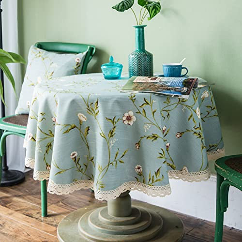 Ricemru Tischdecke Landhausstil Vintage Blau Tischtuch Rund 160cm Baumwolle Leinen Pflanze Blumen Tischwäsch Balkontisch Garten Hochzeit Party