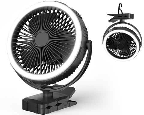 Camping Fan with Led Lantern - 10000mAh 8inch Rechargeable Battery Operated Tent Fan with Light and Hanging Hook for Outdoor Camping Tent RV Travel Fishing Hurricane Emergency Power Outage