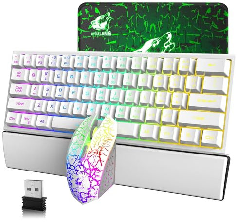 60% Compact Wireless Gaming Keyboard and Mouse Set with Wrist Rest, 3800mAh Type-c Rechargeable RGB Keyboard Mechanical Feel Breathing Backlight Light Mouse Green Mouse Pad for PC Laptop - White
