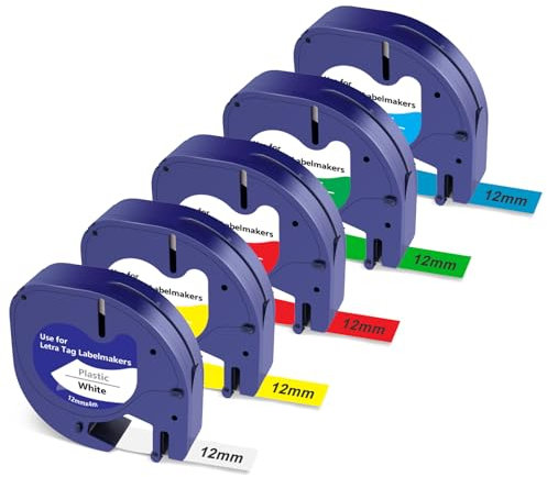 TITBIT Kompatibel mit Dymo Etikettenband Wasserfest Letratag 12mm x 4m a91221 a91222 a91223 a91224 a91225 Etiketten für Dynamo Letra Tag Beschriftungsgerät LT100H 200B LT110T LT100T QX50 XR, 5X