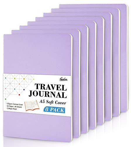feela 8 Pack Soft Cover Notebooks A5 Lined Journal Notebooks College Ruled for Work, Lined Travel Journal for Women Men, Note Taking Notepad School Supplies Business Writing Note Books, Light Purple