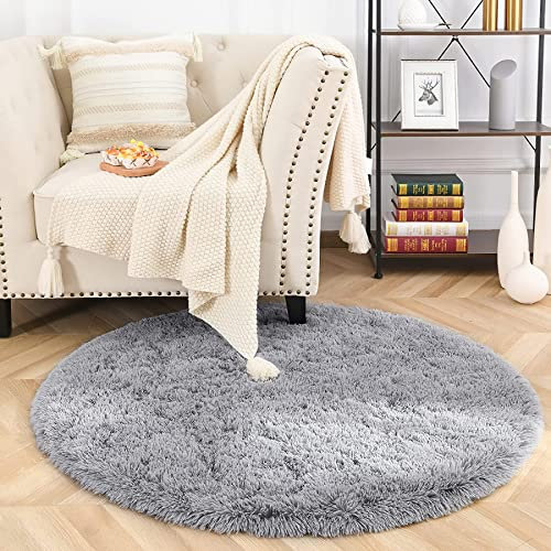MARATIP Plüsch Teppich Rund,Flauschiger Teppich Rund, modernes Wohnzimmer, Kinder Mädchen,weicher und Flauschiger Teppich für das Schlafzimmer/Wohnzimmer/Kinderzimmer(grau,Ø 100 cm Rund)