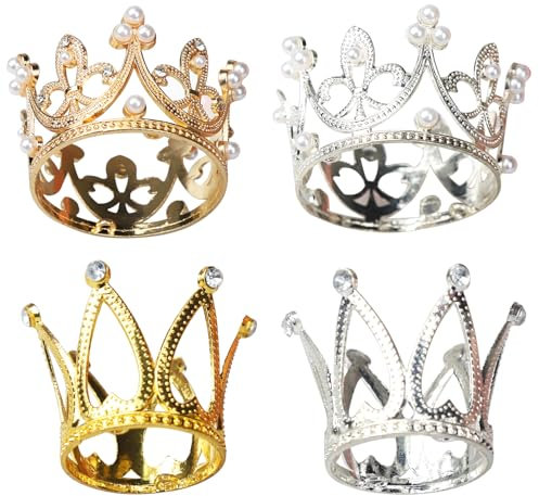 BLMHTWO 4 Pcs Crown Cake Topper Gold Silver Small Crown Queen Mini Crown Princess Headpiece Mini Tiara Cake Decoration for Women Lady Girl Bridal Wedding Royal Themed Decor Birthday Party
