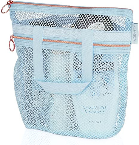 Panier de douche en maille 25.4x25.9 cm à séchage rapide avec fermeture éclair et 2 poches. Sac de douche portable, la plage, pour la crème solaire ou dans le cadre de l'université Essentials (bleu)