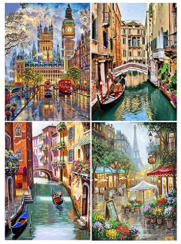 DCIDBEI 5D Diamond Painting 4er Set 40x50 cm Diamond Painting Erwachsene Landschaften Diamond Painting London Bus Malen nach Zahlen Paris Diamant Painting Eiffelturm Diamond Painting Italien Venedig