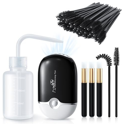 mlogiroa Lash Fan Eyelash Extension Supplies with USB Mini Portable Fans 3 Lash Shampoo Brush 50 Eyelash Mascara Brushes 1 Plastic Wash Bottle for Lash Extension（Black）