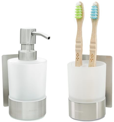 Dolvhin® Set Dispenser Sapone e Bicchiere Bagno | Dosatore Liquido & Portaspazzolino Vetro Satinato | Supporto Inox Senza Forare | Dispenser Adesivo da Parete | Set Accessori Bagno | Grigio Argento