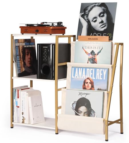 HYCFYJR Plattenspieler Ständer, Schallplatten Aufbewahrung mit 3-stufiger Vinyl Halter, Schallplattenständer mit Now Playing Vinyl Stand, Plattenspieler Regal Beistelltisch für Wohnzimmer, Gold Weiß