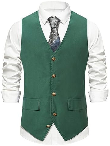 Gefomuofe Gilet western sans manches pour homme - Col en V - Coupe ajustée - Costume de smoking - Gilet de costume classique rétro basique - Gilet de costume à chevrons - Vintage, F vert., M
