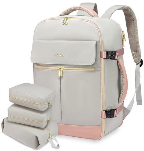 LOVEVOOK Handgepäck Rucksack Flugzeug, Reiserucksack Damen Für Ryanair Easyjet, Wasserdicht Reisetasche für 17 Zoll Laptop, Travel Backpack für Reise Business Weekend, Grau Rosa