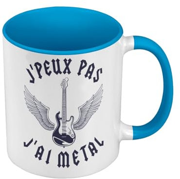 Tasse, Farbe Premium-Qualität, Blau – J'Peux Pas J'ai Metal Hard Rock Gitarre Musik – Tasse mit Henkel und farbigem Innenfutter