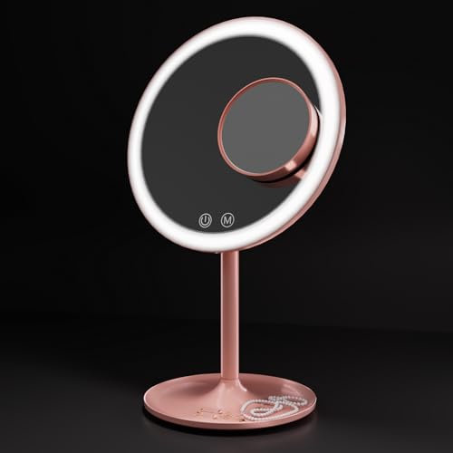 EMKE® Miroir de Maquillage avec lumière, Miroir de Bureau éclairé avec grossissement 1X/3X, Miroir de courtoisie Rond avec 3 réglages de Couleur, contrôle Tactile, Rotation à 90 degrés, Rose