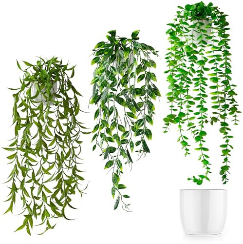PASCH® 3er Set künstliche Hängepflanzen (60cm) in weißen Keramiktöpfen: künstliche Pflanzen wie echt | Kunstpflanzen hängend | Kunstpflanze hängend im Topf | Hängepflanze künstlich mit Topf
