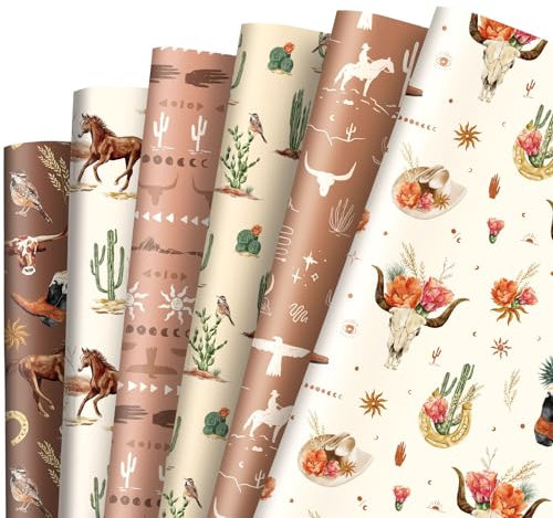 AnyDesign Geschenkpapier mit Western-Cowboy-Motiv, Wilder Westen, Pferd, Stier, Kaktus, Geschenkpapier, Großpackung, flach gefaltet, lustiges Kunstpapier für Geburtstag, Hochzeit, Babyparty, Basteln,