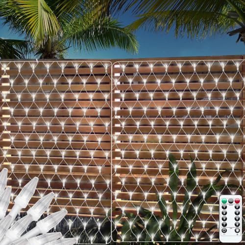 CORST Außen Lichternetz Mini Lichterkette 100LED 1.5x1.5m Baum Lichterkette Netz Batterie Garten Lichterkette Kabel Weiß mit Fernbedienung & Timer 8 Modi(Weiß)