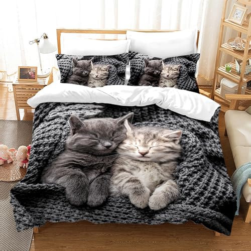 KAIDAARTLH Katze Bettwäsche Set 135x200cm, Katzenmotiv Mikrofaser Bettbezug, 3D-Druck Bettwäsche-Sets 3teilig mit Reißverschluss, für Mädchen Jungen (B, 135x200cm)