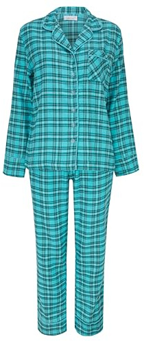 SNOOZE OFF Damen Schlafanzug | Kuscheliges 2-Teiliges Pyjama Set | Langarm Oberteil & Lange Hose | 100% Baumwolle | Flanell Karomuster Türkis