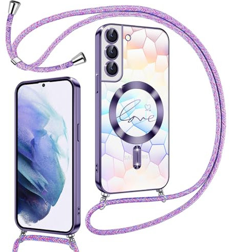 Kokio Magnetische Glitzer Handykette für Samsung Galaxy S21 5G Hülle mit Band [Kompatibel mit MagSafe] Kameraschutz Handyhülle für Frauen Mädchen Silikon Schutzhülle für Samsung S21 5G Lila