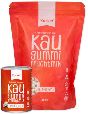 Xucker Zuckerfreie Zahnpflege Kaugummis Fruchtmix - Xylit Kaugummi zuckerfrei mit Frucht-Geschmack I Vegane Xylitol Kaugummis I Zahnpflege & gegen Mundgeruch I Dose 100g + Beutel 600g (Fruchtmix Set)