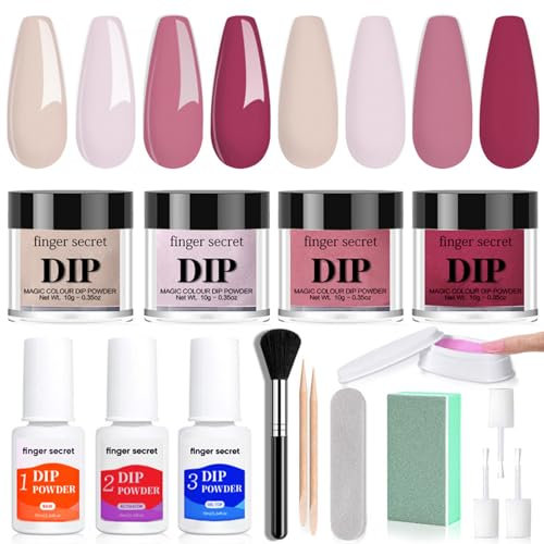 NLFOX 4 Colors Dipping Powder Starter Kit - Romantic Gentle Pink Dip Powder Nail Kit - Nude Purple Glossy Nail Dipping Powder Kit - French Elegant Nail Powder Dip Kit Starter Set with Base & Top Coat