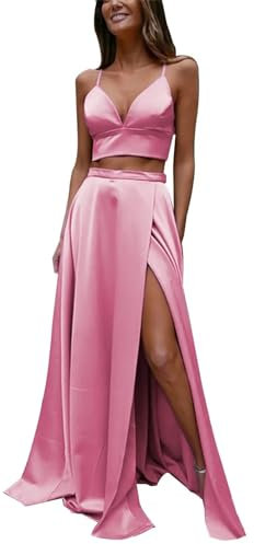 Robe de bal en satin avec col en V et bretelles spaghetti pour femme, Rose poudré, 42