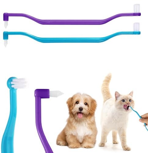 2pcs Cat Toothbrushes, Dual Sided Cat Teeth Cleaning Brush with Micro Brush Head & Curved Handle Deep Cleaning Toothbrush for Kitten Small Dog Puppy Cat Pet Dental Care Supplies (Blue Purple)