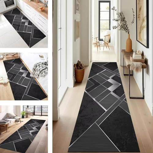 Teppich Läufer Flur Küche rutschfest waschbar Teppichläufer Lang 90X200CM Schwarz Silber Modern Design Meterware Korridor Tepiche Esszimmer Schlafzimmer Wohnzimmer Schmutzfangmatte