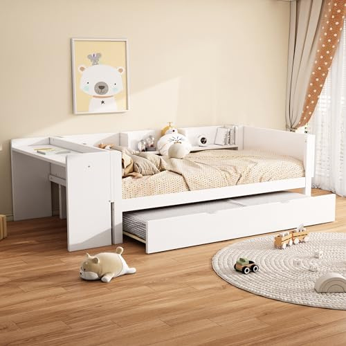 Kinderbett 90x200 mit Schreibtisch und Regalen, Schlafsofa Tagesbett Bettgestell mit Ausziehbares Rollbett, Sofabett Jugendbett mit Lattenrost, Bettsofa Gästebett Jugendbett, Weiß, Ohne Matratze