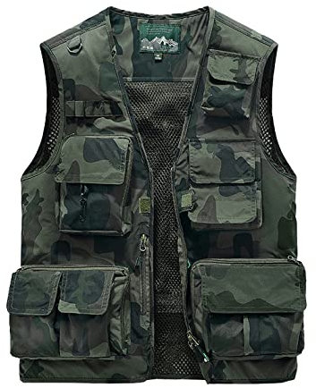 Vanchenl Herren Freizeit Safari Angeln Outdoor Arbeit Weste Jacke Foto Reise Cargo Mesh Weste Multi Taschen Tarnfarbe Armeegrün XL