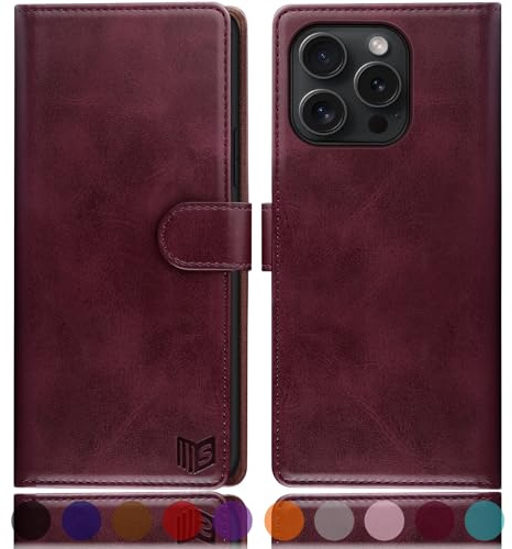 SUANPOT [RFID Schutz für iPhone 16 Pro Max 6.9 Hülle PU Leder Handyhülle Lederhülle Klapphülle Kartenfach Flip Cover für Apple 16 Pro Max Handy hülle Leather Wallet Phone Case Rotwein