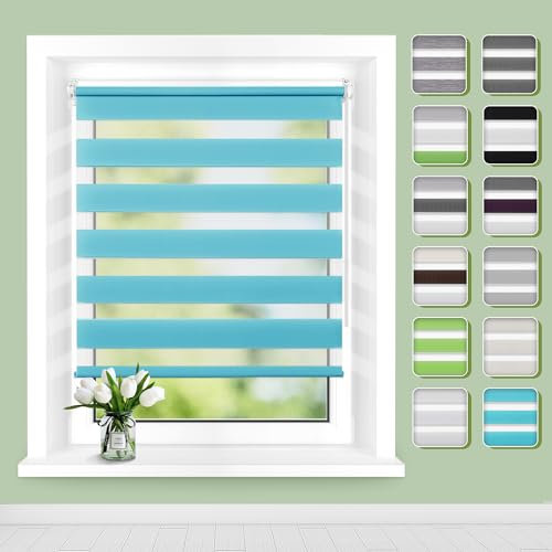 Doppelrollo Klemmfix ohne Bohren B100 x H140cm(Stoffbreite 96cm) Türkis, Rollos für Fenster, Rollo ohne Bohren mit Lichtdurchlässig und Verdunkelnd/Höhe Stufenlos Verstellbar/Kindersicherung