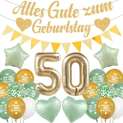 Runyuzi Deko 50 Geburtstag Frau Mann - 35 Stücke 50 Jahre Geburtstagsdeko Grün Gold, Sternen Herz Luftballons Glitzer Banner Girlande für Party Dekoration
