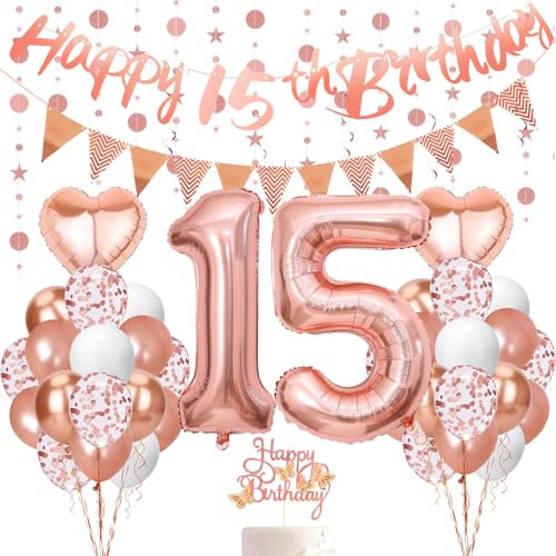 UDRKFOPK 15. Geburtstag Mädchen Roségold Ballon Dekoration, 46 Stück, Geburtstagsdeko für Mädchen, Partydekoration mit Banner, Herzförmige Folienballons, Latexballons, Kuchen Topper