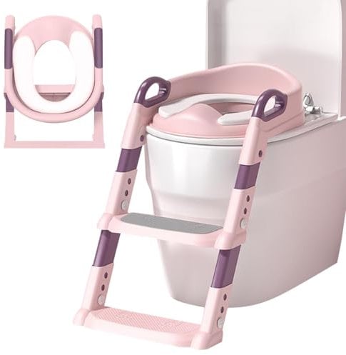 Kids Potty Training Toilet Seat with Steps, Adjustable Ladder, Handle, Soft Cushion, Foldable Bathroom Trainer for Boys and Girls (Pink)