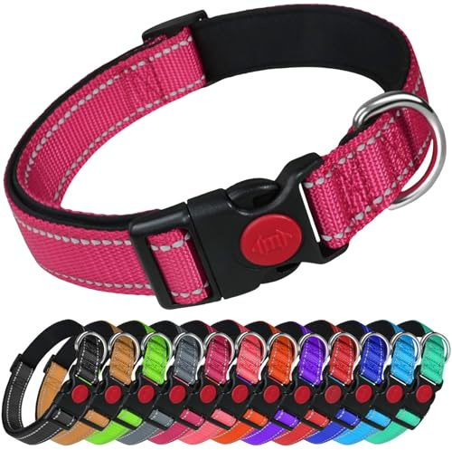 LARRYROO Reflective Dog Nylon Collar | Slide Lock Safety Buckle | Fully Adjustable | Soft Neoprene Padding (Hot Pink, Medium (35cm - 50cm Neck))