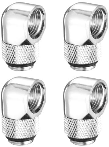 sourcing map 4pcs 90 Degree Elbow Water Cooling Adapter G1/4 Thread Male to Female Compression Connector Fitting Copper Extender Fitting for Computer PC Water Cooling System, Silver