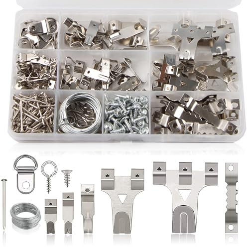 220 Pcs Picture Hooks Picture Hanging Kit, Picture Hooks for Hard Walls Heavy Duty Photo Frame Hangers Photo Frames Wall Hanging Hooks with Sawtooth D-Ring, Nails, Screws (Silver