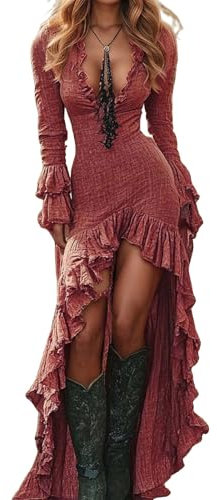 Summer Dress Women's Vintage Western Maxi Dress Sexy V-Neck Casual Loose Long Sleeve Rustic Style Flowing Dress Country Flower Dress Lace A-Line Swing Ruffle Dress Without Belt, A coffee, 3XL