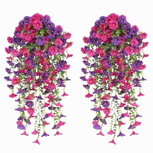 4 Stück Künstliche Pflanzen Kunstblumen Hängend Für Draußen, Seidenblumen Künstliche Hängepflanzen Balkonpflanzen Künstliche Pflanzen Blumen Hängepflanzen für Draußen Balkon Garten (Lila und Fuchsia)