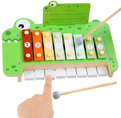 KUKUTrue® Krokodil Kinder-Xylophon, Multifunktionales Musikinstrument & Glockenspiel, kombiniert Xylophon und Klavier in einem Gerät, mit beigelegten Notenkarten, musikinstrumente für kinder ab 2-5