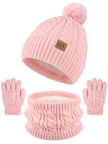 VZV Kinder Wintermütze Schal Handschuhe Set, Mädchen Warme Winter Strickmütze mit Bommel Schal Handschuhe für Jungen Mädchen 2-14 Jahre