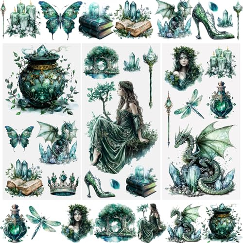 WANDIC 3 Bögen Rub-On Transfer-Aufkleber, Retro-Fantasy-Thema, wasserdichte Abziehbilder für Möbel-Basteln, dekorativ, Junk-Journals für DIY-Scrapbooking, 15 x 30 cm