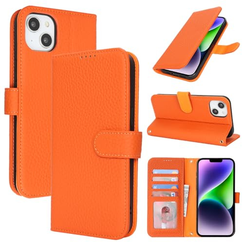 Zouzt Leather Wallet Case for iPhone 15 Plus / 14 Plus, 4 Card Slot, Orange | Genuine Leather, Card Holder, Shockproof TPU Shell, Magnetic Closure, Protective Flip Folio Phone Cover, For Women Men