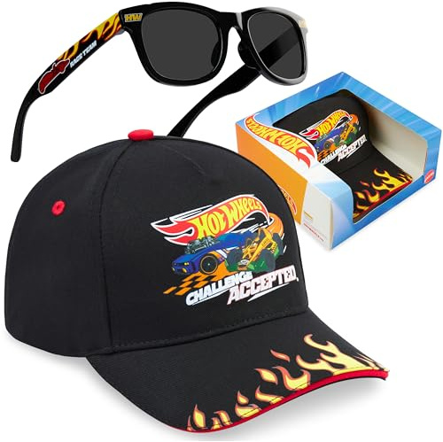 Hot Wheels Basecap und Sonnenbrille Jungen Kleinkind 2-6 Jahre, Sommer Kinder Cap mit UV Schutz Kindersonnenbrille, Geschenke für Jungen (Schwarz Hot Wheels)