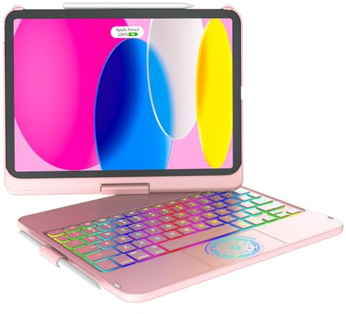 KARFUN Coque Clavier pour iPad 11/10e Generation (11 A16 2025/10,9 2022) | Housse de Protection Rotative à 360° avec Porte-Stylet, étui avec Clavier Trackpad Rétro-éclairé, Français AZERTY, Or Rose