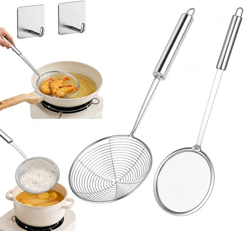 yolzhxe 2 Piezas Espumadera Acero Inoxidable, Suspensión Cucharón de Araña | Espumadera con Mango Largo con 2 Ganchos para Cocinar, Freír, Cocinar al Vapor y Retirar el Aceite Residual