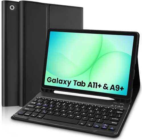 Keyboard Case for Samsung Tab A11 Plus 2025, Compatible with Samsung Tab A9 Plus 2023, 11 Inch, Bluetooth Connected, QWERTY Layout UK Version, USB Charging, Stylus Holder, Black (Stylus Not Included)