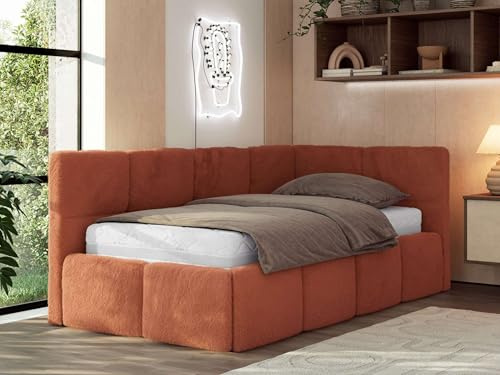 MKS MEBLE Jugendbett ARVO 90x200 cm mit Lattenrost und Bettkasten, Polsterbett mit gepolstertem Kopfteil und Gasdruckfedern, Eckbett mit Stauraum - ohne Matratze - Orange Plüsch - Rechts Seite