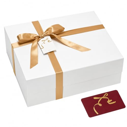 BloomWrap große weiße Geschenkbox mit Deckel 33.5 x 30 x 12.5 cm, schimmernde faltbare Präsentbox mit Magnetverschluss, Band, Karte & Anhänger